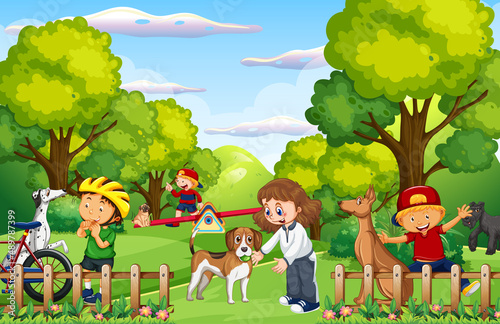 Children playing with their animals at the park