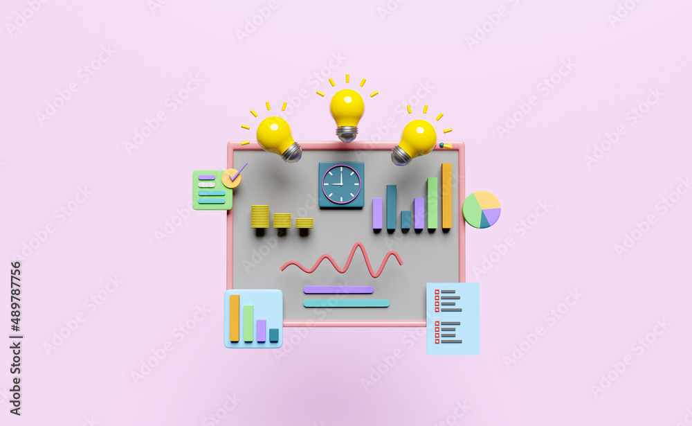 charts graph with yellow light bulb, analysis business financial data, check list isolated on pink. online marketing business, tip and idea, strategy concept, 3d illustration, 3d render