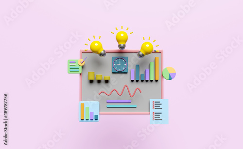 charts graph with yellow light bulb, analysis business financial data, check list isolated on pink. online marketing business, tip and idea, strategy concept, 3d illustration, 3d render