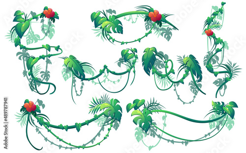 Jungle creeper plants, lianas with green leaves and red flowers. Vector cartoon set of borders of climbing ivy vines, curly hanging floral branches isolated on white background
