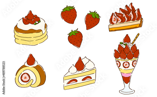 イチゴスイーツ　イラストセット　手描き風