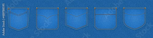 Denim patch pockets, design elements for jeans garment of blue colors with stitches and rivets. Textile background, garment details of different shape and design, Realistic 3d vector illustration, set
