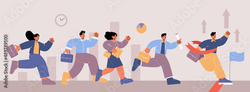 Business career competition with people race. Vector flat illustration of employee challenge, contest, compete with workers with briefcases run to finish line with red flag and one person win