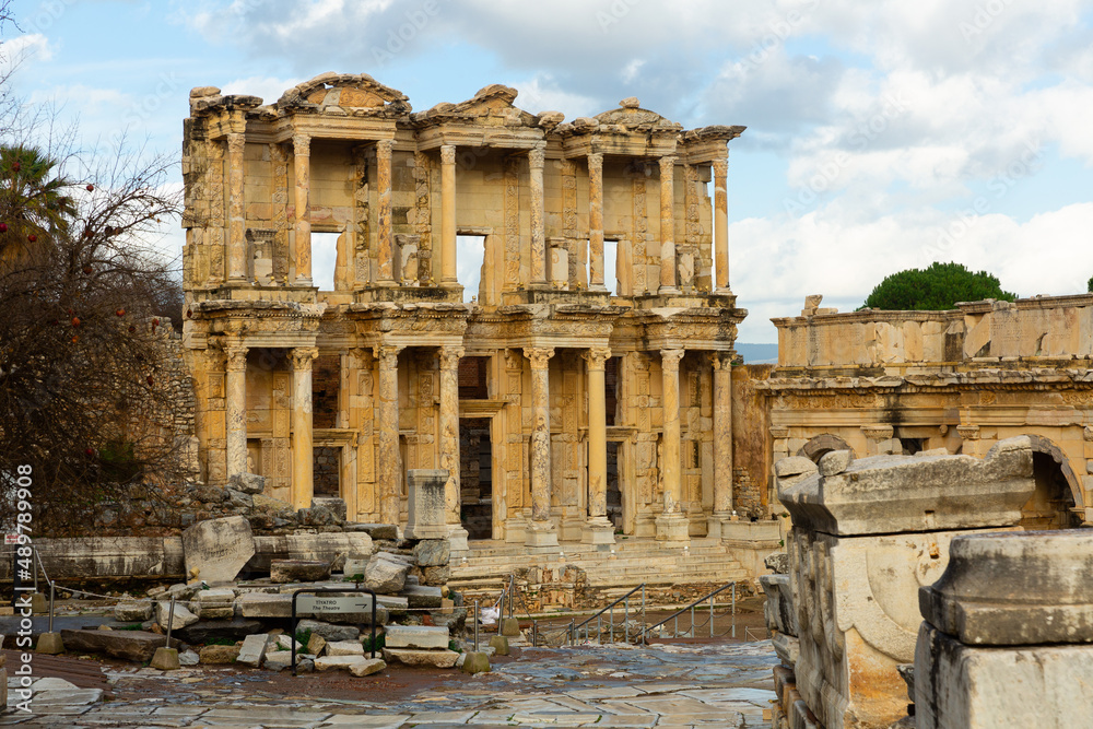 View of ruins of Roman building of Celsus Library in ancient city of Ephesus in Izmir Province, Turkey
