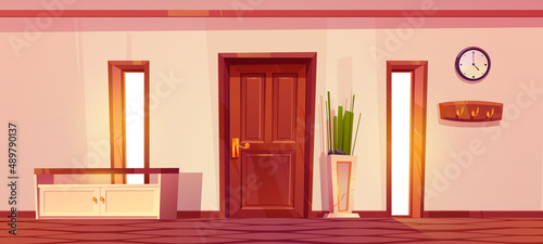 Home hallway interior with closed door, windows, shoes rack, clock and clothes hooks on wall. Vector cartoon illustration of modern house hall with wooden furniture and plant in marble pot