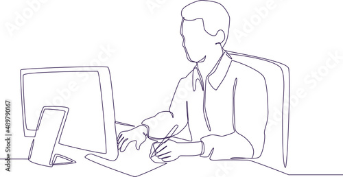 The day-to-day work of the accountant is to input and calculate the finances of a work process. Simple line drawing of accountant. Basic accountant. Vector illustration.