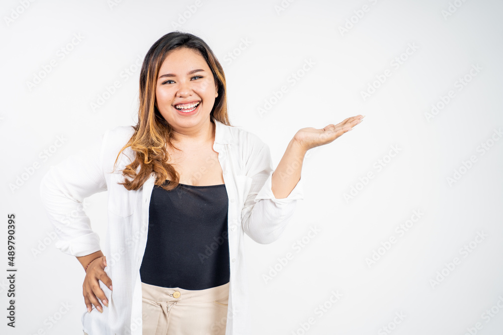 beautiful asian woman with hand gesture presenting beautiful asian woman with hand gesture presenting