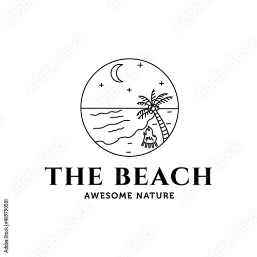 moonlight star beach palm tree line art minimalist logo vector illustration design, the beach logo design