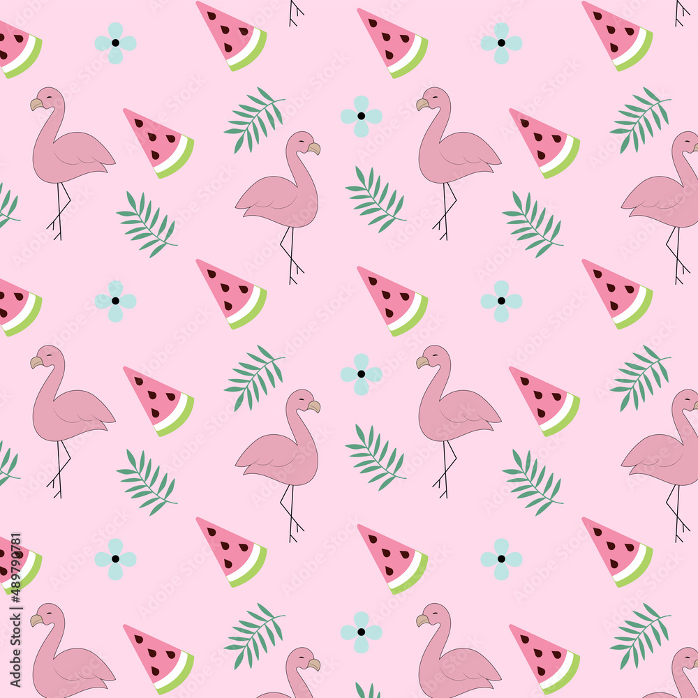 Summer bright pattern with pink flamingo and watermelon on a pink background. Summer bright pattern with pink flamingo and watermelon on a pink background.