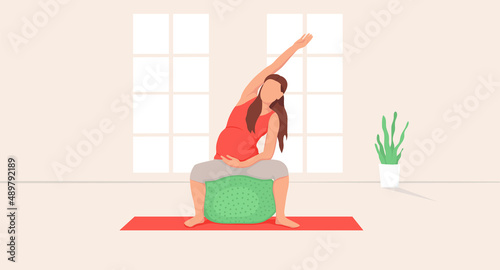 Young pregnant woman doing yoga exercises on a fitness ball. Vector illustration. Healthy pregnancy