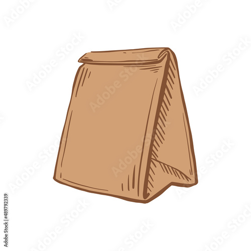 Delivery bag brown sketch. Paper Bag for Grocery Shopping. Packaging for breakfast. Vector hand drawn illustration.