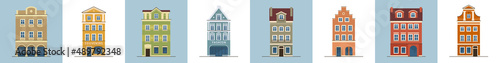 Set of european historical buildings. Traditional Amsterdam, Netherlands architecture. Vector illustration.