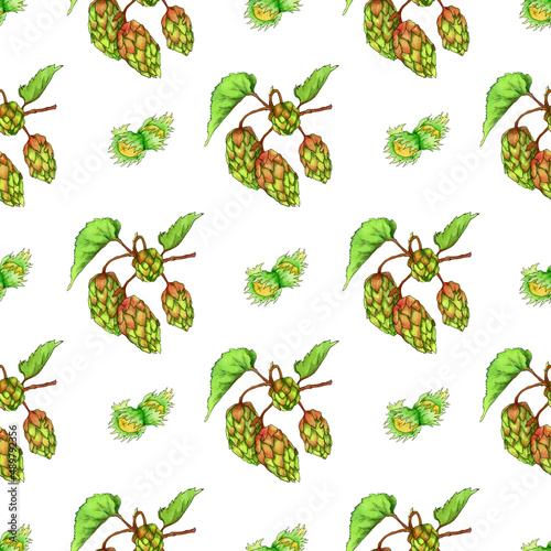seamless watercolor pattern with hop branches and hazelnuts on a white background.