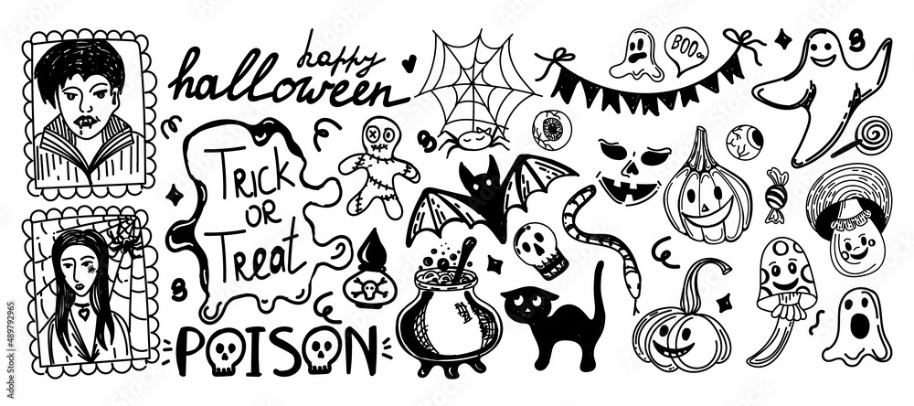 Cute set for Halloween. Hand-drawn doodle-style elements. Monochrome. Collection of vector drawings for All Saints' Day: pumpkin, ghost, magic objects, cat, voodoo doll, etc. Cute set for Halloween. Hand-drawn doodle-style elements. Monochrome. Collection of vector drawings for All Saints' Day: pumpkin, ghost, magic objects, cat, voodoo doll, etc.