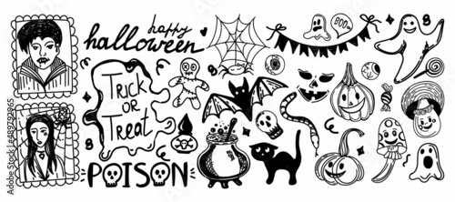 Cute set for Halloween. Hand-drawn doodle-style elements. Monochrome. Collection of vector drawings for All Saints' Day: pumpkin, ghost, magic objects, cat, voodoo doll, etc.