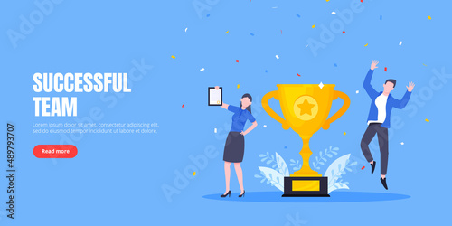 Employee recognition or proud workers of the month business concept flat style design vector illustration. Young adult people jump in the air with trophy cup.