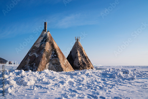 Dwelling of the indigenous peoples of the north of the Nenets on winter Baikal. photo
