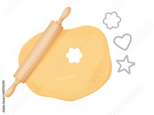 Fresh dough and rolling pin. Rolled out dough for baking, pizza, cookie, biscuit, bread.