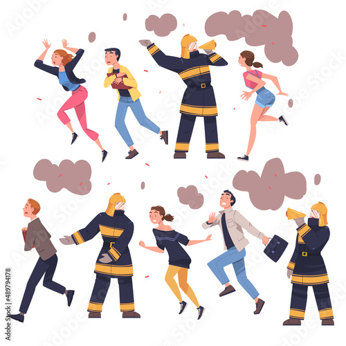 Fire Emergency with Firefighter Warning People when Smoke Vector Set