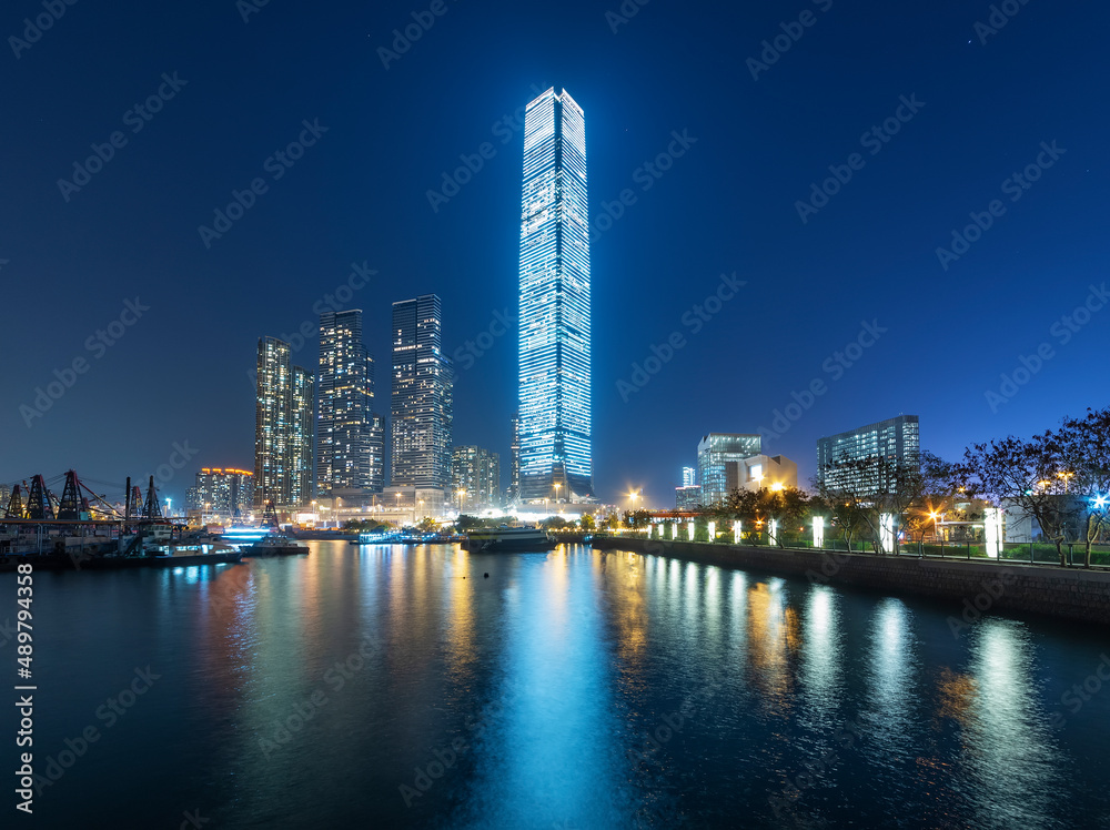 Fototapeta premium Night scenery of skyscraper, skyline and harbor of Hong Kong city