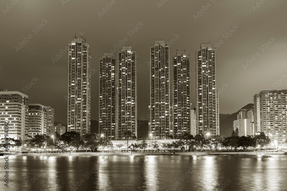 High rise residential building in Hong Kong city at night