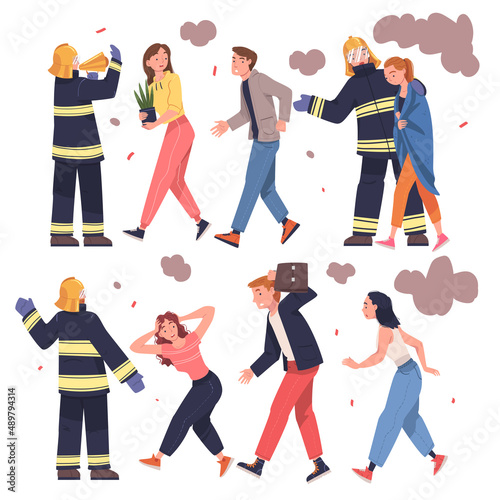 Fire Emergency with Firefighter Warning People when Smoke Vector Set