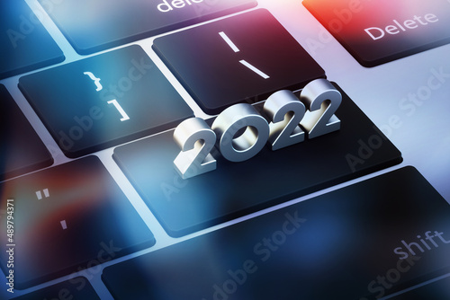2022 new year key on the keyboard. 3D rendering.