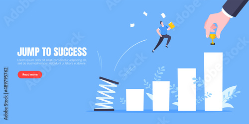 Business mentor helps to improve career with springboard vector illustration. Business person jumps above career ladder graph. Success growth, motivation opportunity, boost career concept.