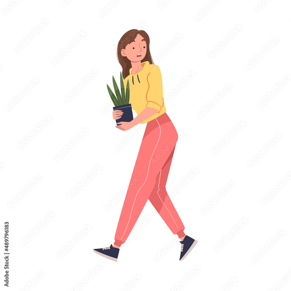 Fire Emergency with Woman Escaping Saving Life Holding Flowerpot Vector Illustration Fire Emergency with Woman Escaping Saving Life Holding Flowerpot Vector Illustration