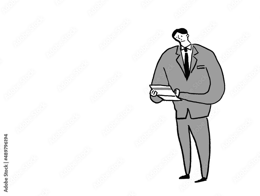 通帳を見るスーツの男性、(横、右配置) 通帳を見るスーツの男性、(横、右配置)