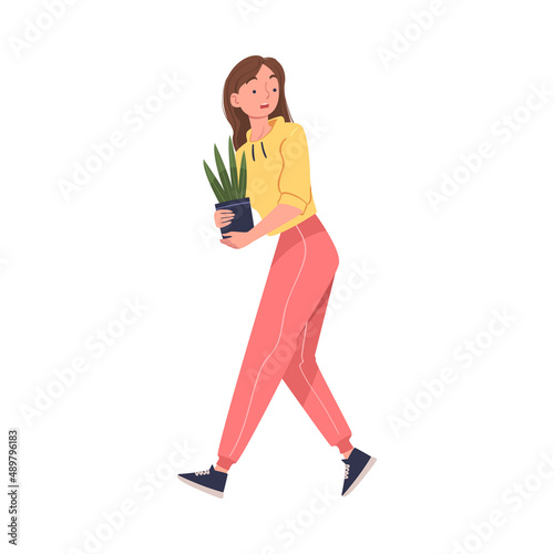 Fire Emergency with Woman Escaping Saving Life Holding Flowerpot Vector Illustration