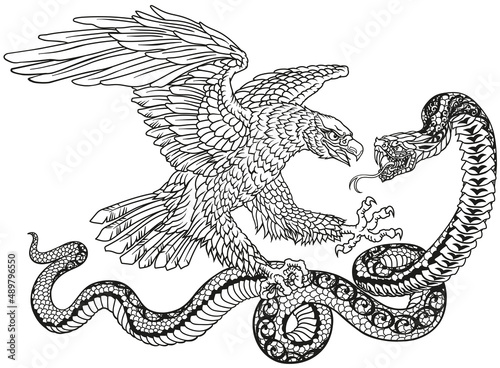 Eagle fighting with a snake serpent. Tattoo style vector illustration. Black and white 