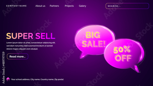 Big sale landing page with technology hologram style in dark background