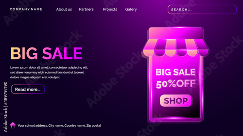 Online shop landing page with technology hologram style in dark background