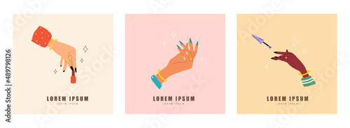 Manicure and pedicure concept. Elegant female hands. Beauty logo for nail studio or spa salon. Vector Illustration in flat cartoon style.