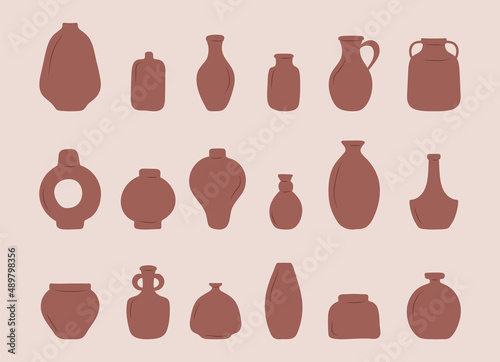 Boho vases set. Abstract silhouette of ceramic pots and clay jugs. Modern home decor. Various forms. Hand drawn doodle vector illustration.