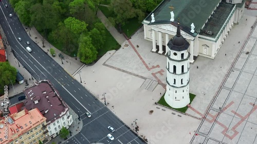 Vilnius Cathedral Square - Cars Driving In The Road In Front Of Vilnius Cathedral And Bell Tower In Lithuania. - aerial photo