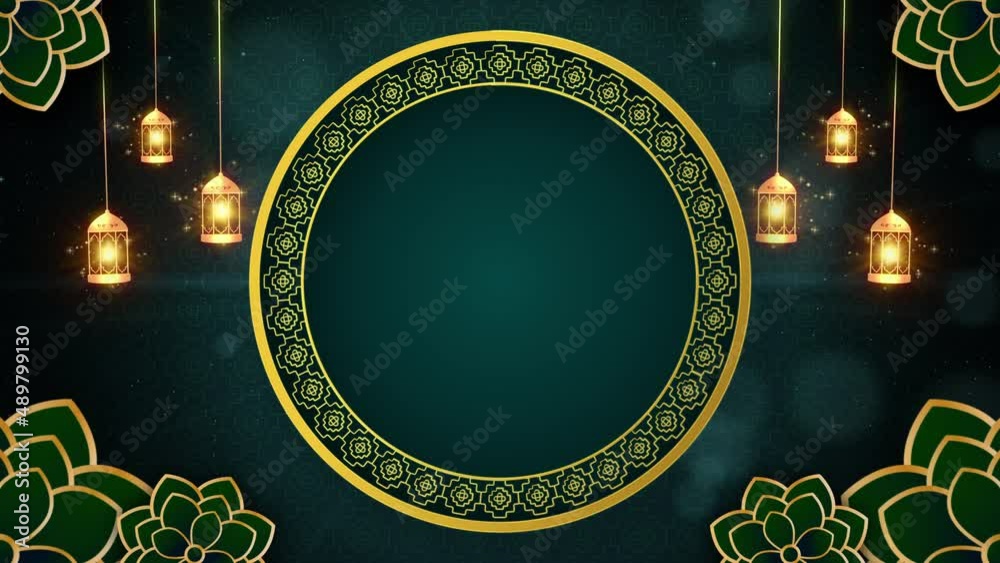 Green and gold color Eid mubarak islamic design concept with hanging ramadan candle lantern, Abstract background animation 4K