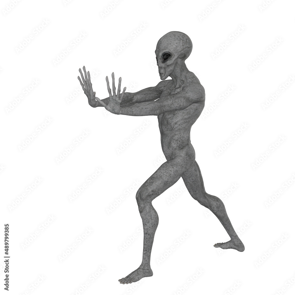 Humanoid alien shows stop gesture with hands. Isolated on white background. 3D rendering illustration. Humanoid alien shows stop gesture with hands. Isolated on white background. 3D rendering illustration.