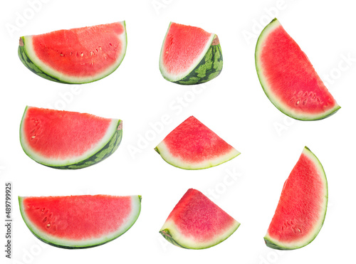 Pieces of red watermelon collection isolated