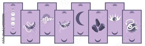 Tarot cards with moon phases, snakes and sun. Celestial magic for occult, divination. Set of purple light cards on a White background. Serpent with moon and sun. Flat vector illustration.
