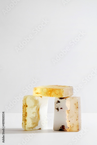 Set of beautiful handmade natural soap on white background. organic simple, eco friendly, spa skincare concept. copy space. 