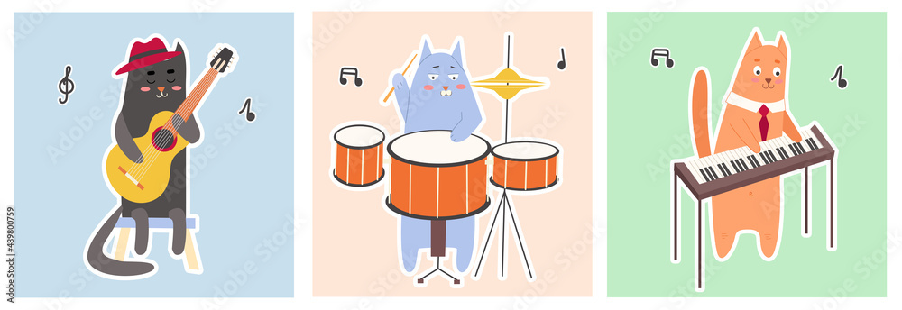 Fototapeta premium Set of Postcards with Cats Musicians Playing Musical Instruments - drums, guitar, piano. Collection of cute Kitty Stickers. flat illustration