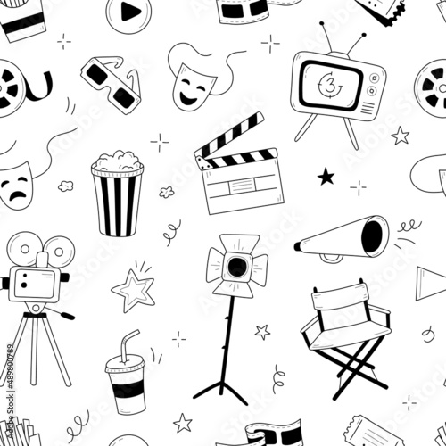Movie, cinema vector pattern. Doodle hand drawn sketch style movie seamless pattern. Cinema elements for media production, festival, theater background. Vector illustration.