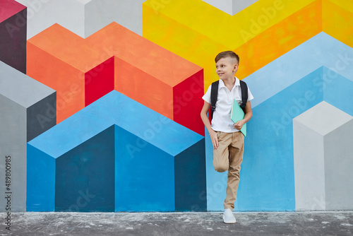 Content schoolboy with book near colorful wall