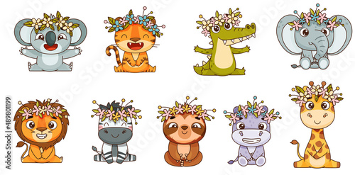 Set baby tropical animals sits with wreaths of flowers on their heads. Hippo, lion, elephant, giraffe, crocodile, zebra, sloth, tiger, koala. Vector illustration for designs, prints, patterns