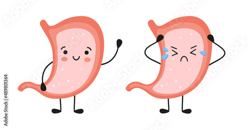 Smiling healthy stomach and sad sick stomach characters. Gastritis, indigestion and ulcer problems. Vector flat cartoon illustration on white background.