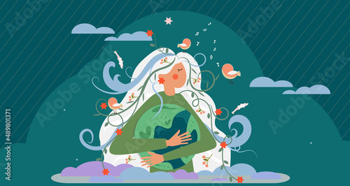 Earth day, illustration for poster, card, flyer, banner and other use. Woman hugging Earth globe and Love Our Planet . Concept of ecological awareness.