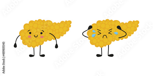 Happy and crying kawaii character of pancreas. Drawing of health and sick pancreas. Isolated vector illustration on white background.