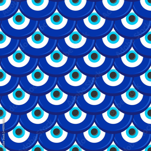 Evil eye seamless pattern. Symbol of protection in Turkey and Greece. Background with blue nazar talismans. Vector amulet